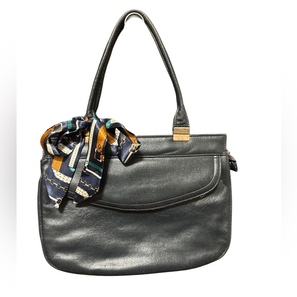 Vintage Navy blue Markay Leather Handbag with Scarf Accent